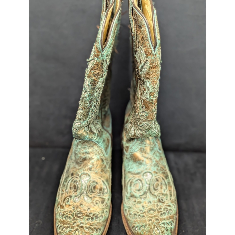 Corral Boots 7.5M Pointed Snip Toe Women Bronze/Turquoise Engraved Glitter Inlay - Picture 13 of 16